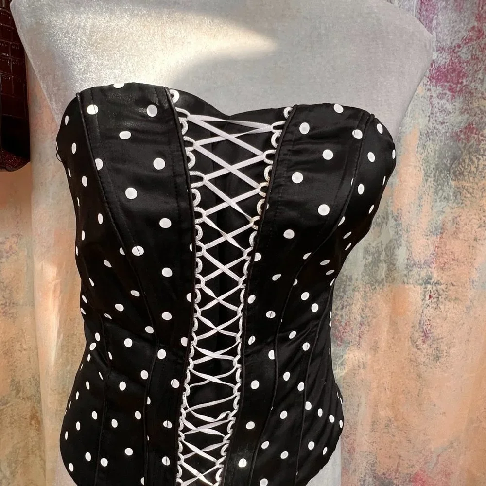 πSixthsense Sexy Corsage Top Black with White Polka Dots & Zipper on the Side - Picture 8 of 15